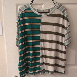 Free People Green and White Color-Blocked Short Sleeve Tee Get Real Oversized M